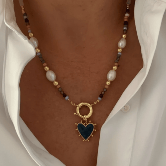 Retro Stainless Steel Heart Pendant Necklace With Natural Stones