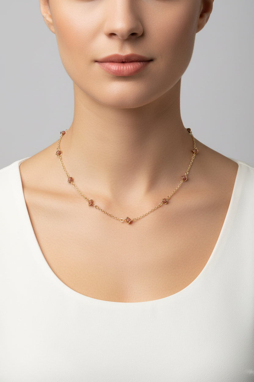 18K Gold Filled 5mm Designed Brown aventurine Bead Necklace (F221)