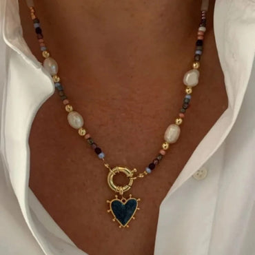 Retro Stainless Steel Heart Pendant Necklace With Natural Stones