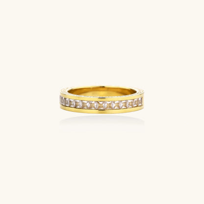14K gold-plated band with channel-set zirconia and Greek key pattern engraving on polished finish