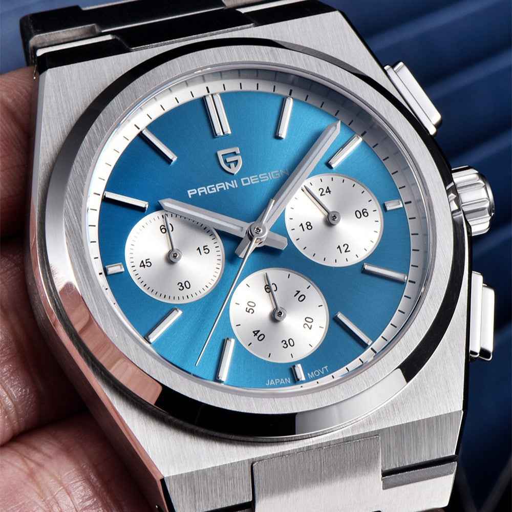 Men's Blue Chronograph Watch - 100M Waterproof, Sapphire Crystal, Stainless Steel