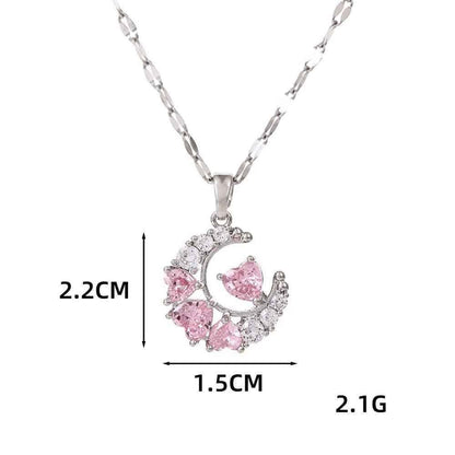 Women’s Dream Moon Necklace - Titanium Steel with Green, Pink, and White Accents for Elegant Style