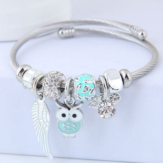 Beaded Owl Bracelet with Angel Wings - Stainless Steel Charm Bracelet