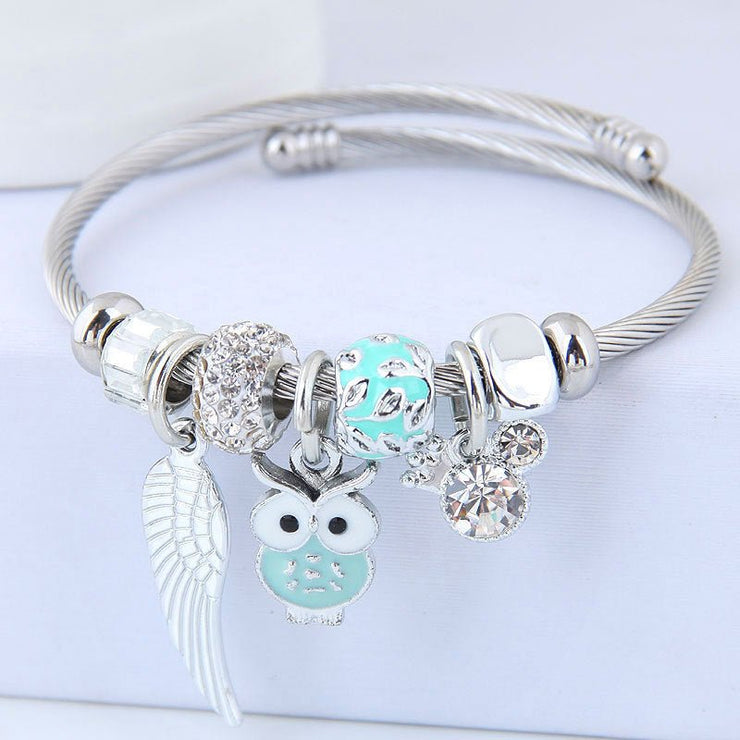 Beaded Owl Bracelet with Angel Wings - Stainless Steel Charm Bracelet
