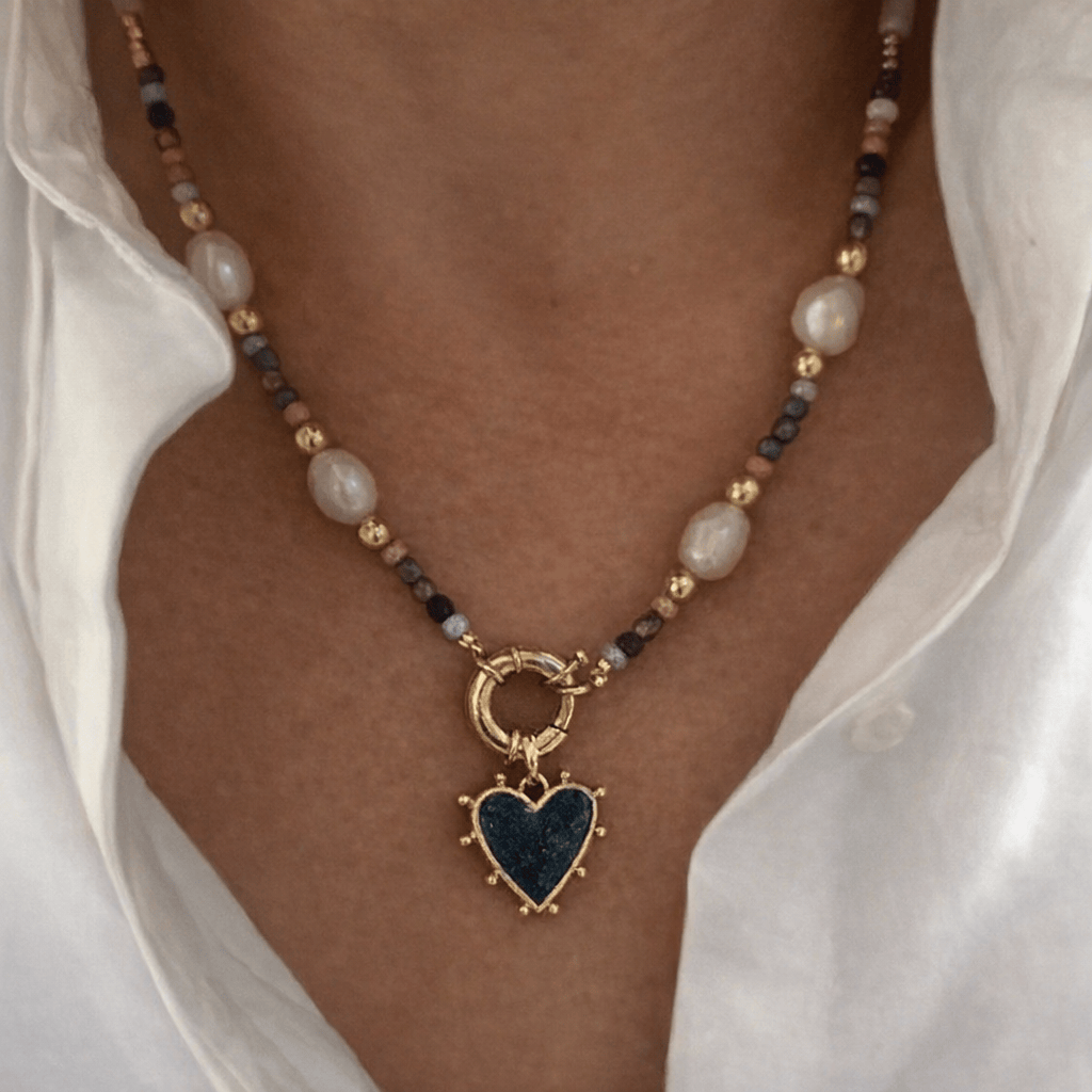 Retro Stainless Steel Heart Pendant Necklace With Natural Stones