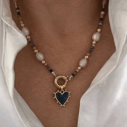 Retro Stainless Steel Heart Pendant Necklace With Natural Stones