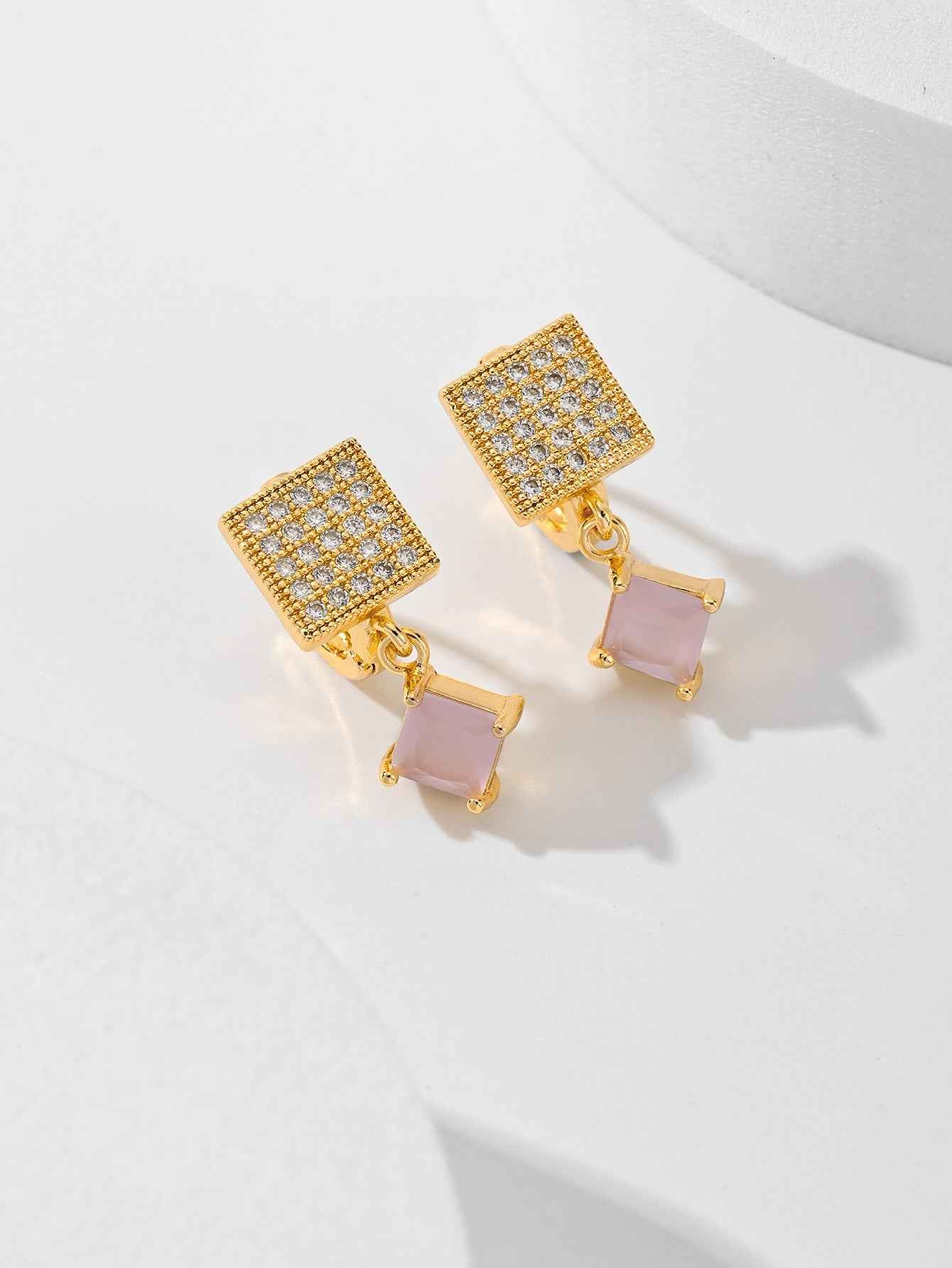 European American Zircon Earrings in Various Colors - Square Fashion Style