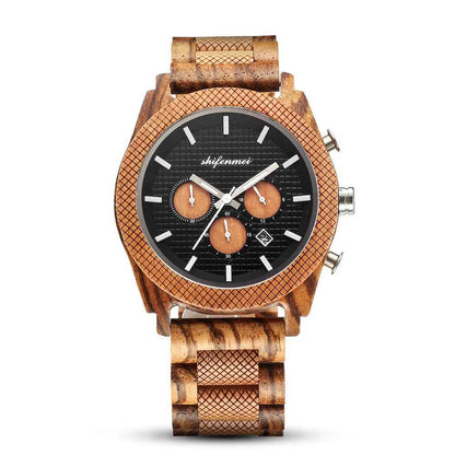 Men's Wood Chronograph Watch - Six Hand Calendar Sports Casual Timepiece for Men