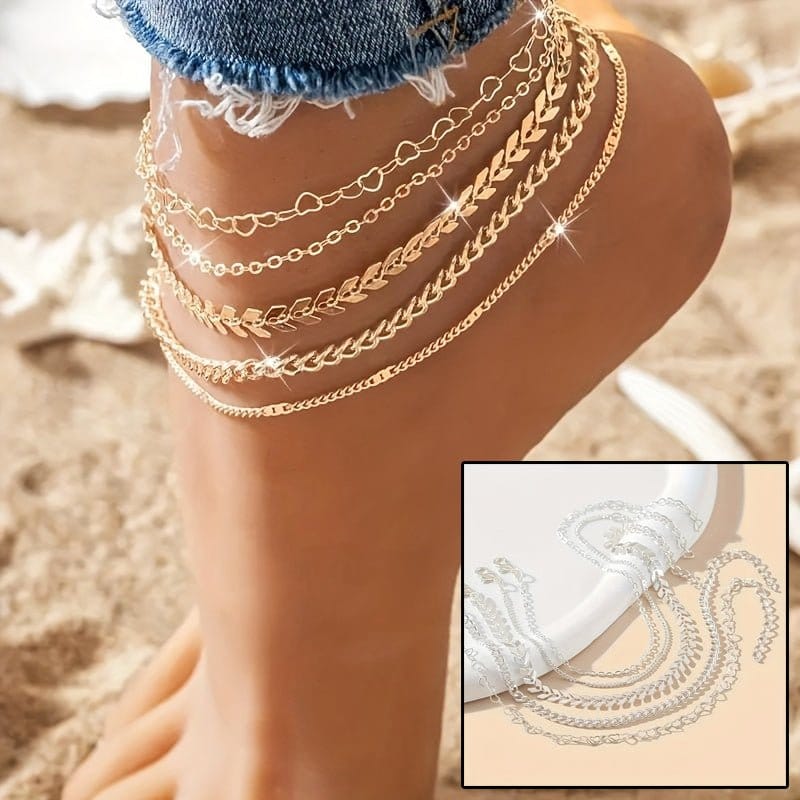 Bohemian Anklet Set - 5 Piece Heart Chain Anklets for Summer