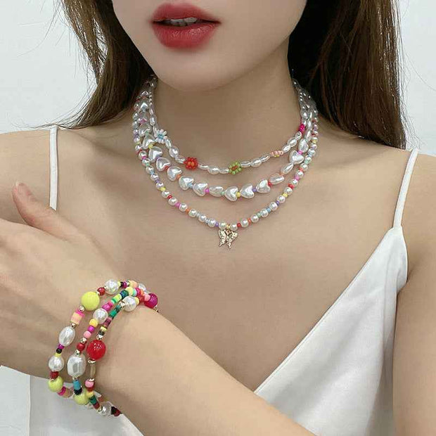 Gold-plated Pearl Necklace with Inlaid Pearls - Multi-row Women&