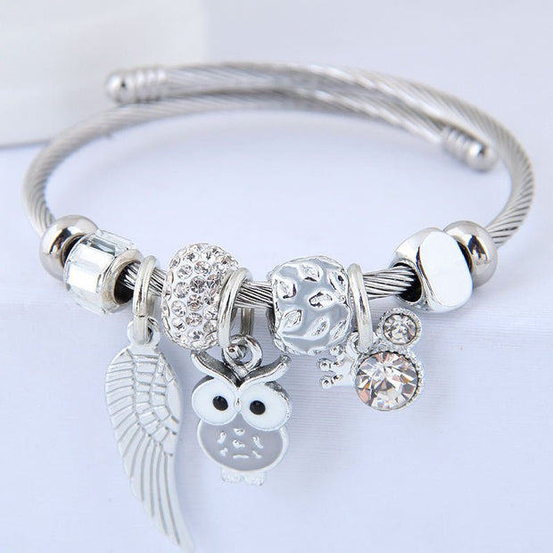 Beaded Owl Bracelet with Angel Wings - Stainless Steel Charm Bracelet