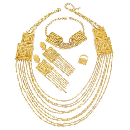 18K Gold-Plated 5-Piece Multi-Layer Tassel Jewelry Set for Weddings