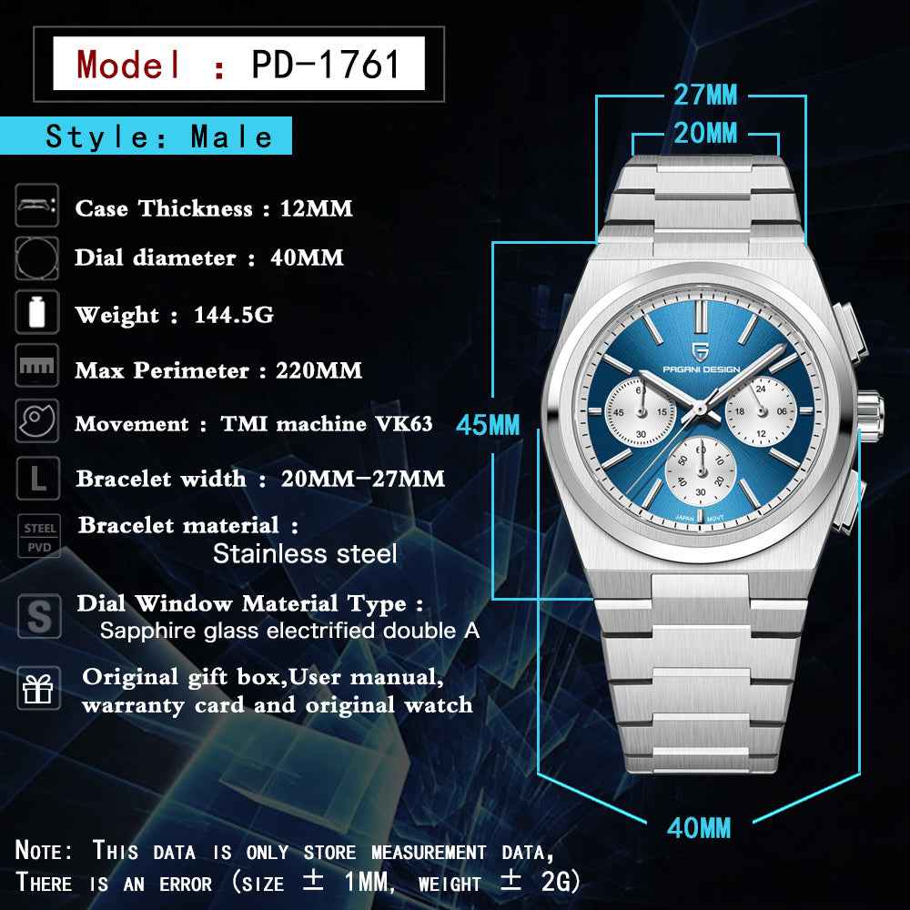 Men's Blue Chronograph Watch - 100M Waterproof, Sapphire Crystal, Stainless Steel