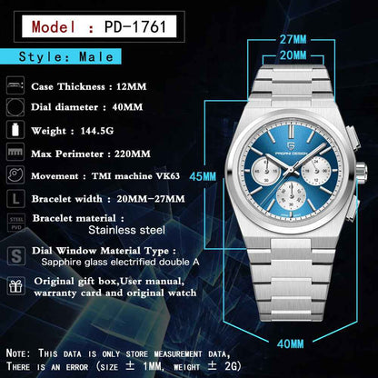 Men's Blue Chronograph Watch - 100M Waterproof, Sapphire Crystal, Stainless Steel